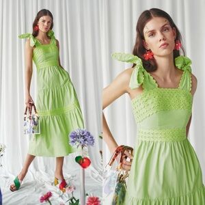 NWT Celia B Gunmar Scalloped Green Tie Strap Midi Dress Cotton